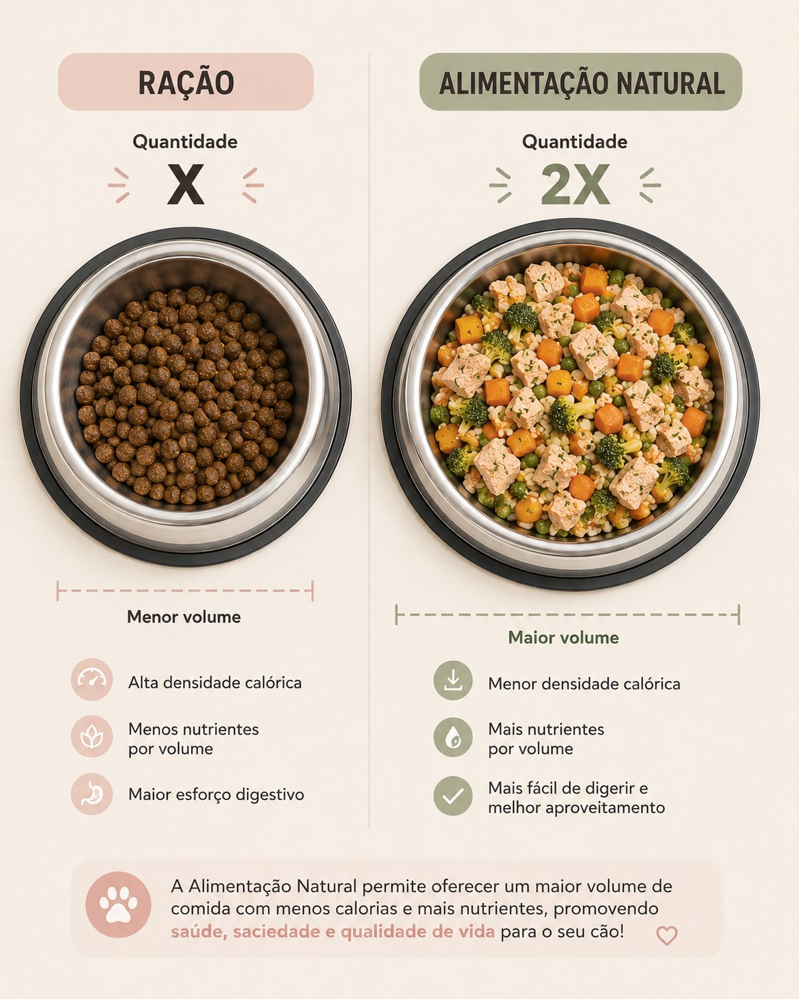 Comparação entre a porção de ração de emagrecimento e a porção de Alimentação Natural para o mesmo cão